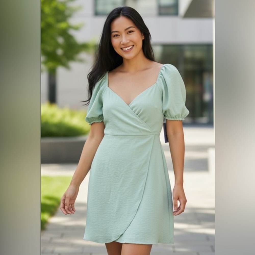 Derek Heart Mint Green Puff Sleeve Wrap Dress L | Short Sleeve A-Line